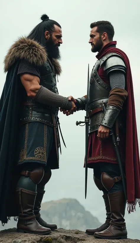 VIKING WITH HAIR AND BLACK BEARD SHAKING HANDS WITH A FRENCH WARRIOR