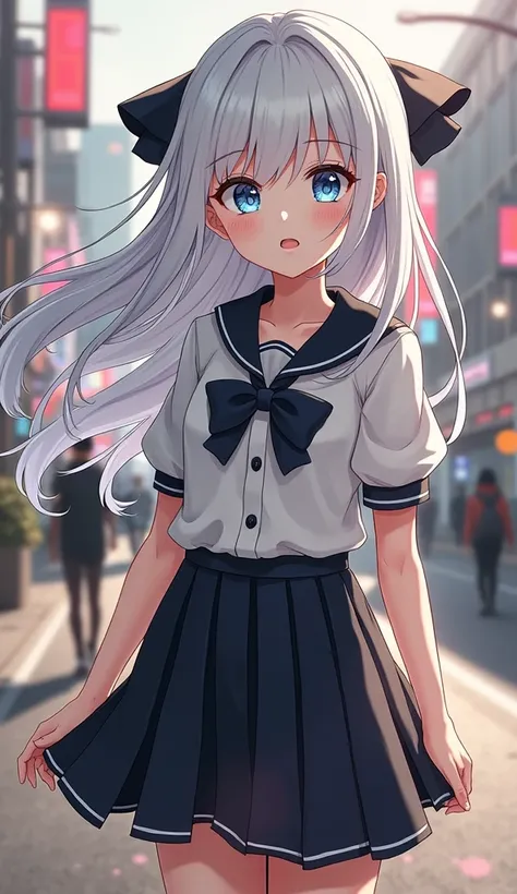 anime girl with long white hair and blue eyes standing on a street, loli in dress, beautiful anime high school girl, young anime girl, anime visual of a cute girl, an anime girl, anime moe artstyle, a hyperrealistic schoolgirl, anime style 4 k, , portrait ...