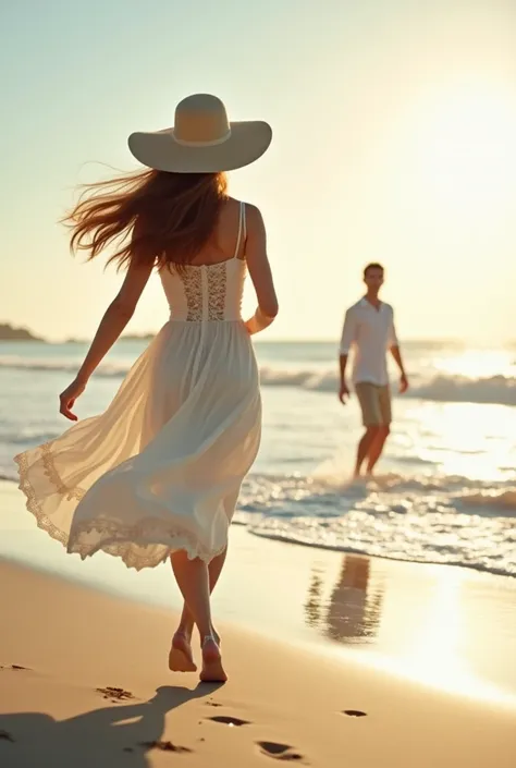 Create two characters,  a man and a woman,   woman in a white flowery dress with a beige floppy hat running from the waters of the beach, And the man watching her from afar , 