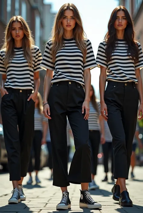 jumpsuits with black and white horizontal t-shirts