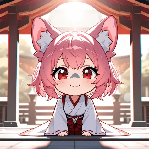  top quality , masterpiece,  high res, Textured Skin,chibi character,Beast Ears Girl,pink hair,red eyes,smile, 
white kimono, jump cheerfully , Shrine Background ,cinematic lighting, lens flare, chromatic aberration, depth of field,
masterpiece, best quali...