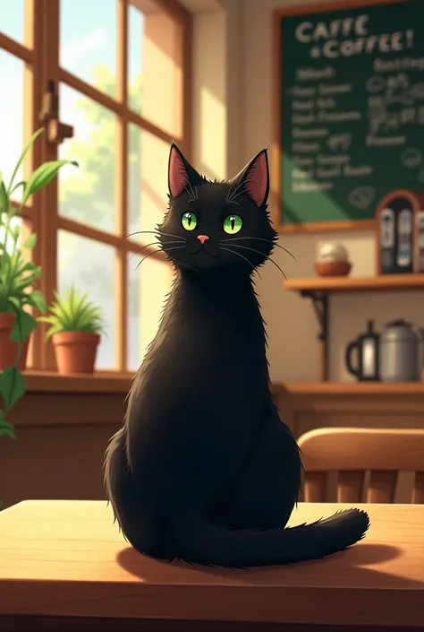 A Ghibli-style illustration of a short haired black cat, with piercing green eyes. The cats back is facing the viewer, and the cats head is in profile view. The cat is sitting on a wooden tabletop in a cozy coffee café. The background features warm, inviti...