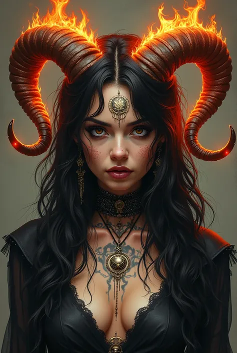 You are a Gothic-style draftsman but very realistic, generate an image of a diablesa with rams horns, her hair is made of fire, her face is tattooed with mystical signs and skulls are drawn on her skin