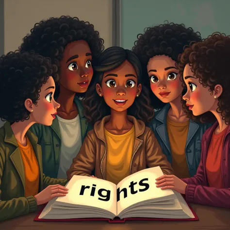 a book with the word "rights", surrounded by students.