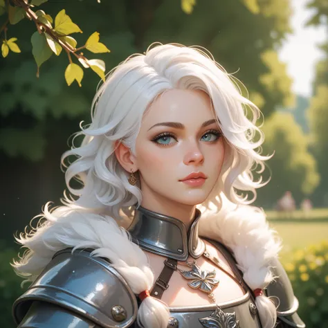 Make a slightly feminine looking boy with white hair and medium size disheveled hair with medieval black armor