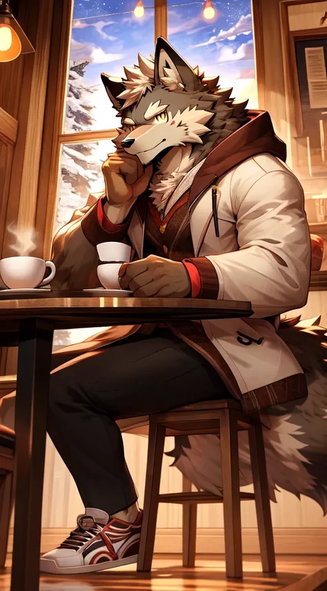 brown wolf beastman, wolffurry, high image quality, dynamic low angle,  looking at viewer, dynamic composition, 4k, deformed pattern, male, solo, kemono, 5 fingers, fluffy, fluffy tail, cafe, coffee, handsome, ((brown and white fur)), yellow eyes, duffle c...