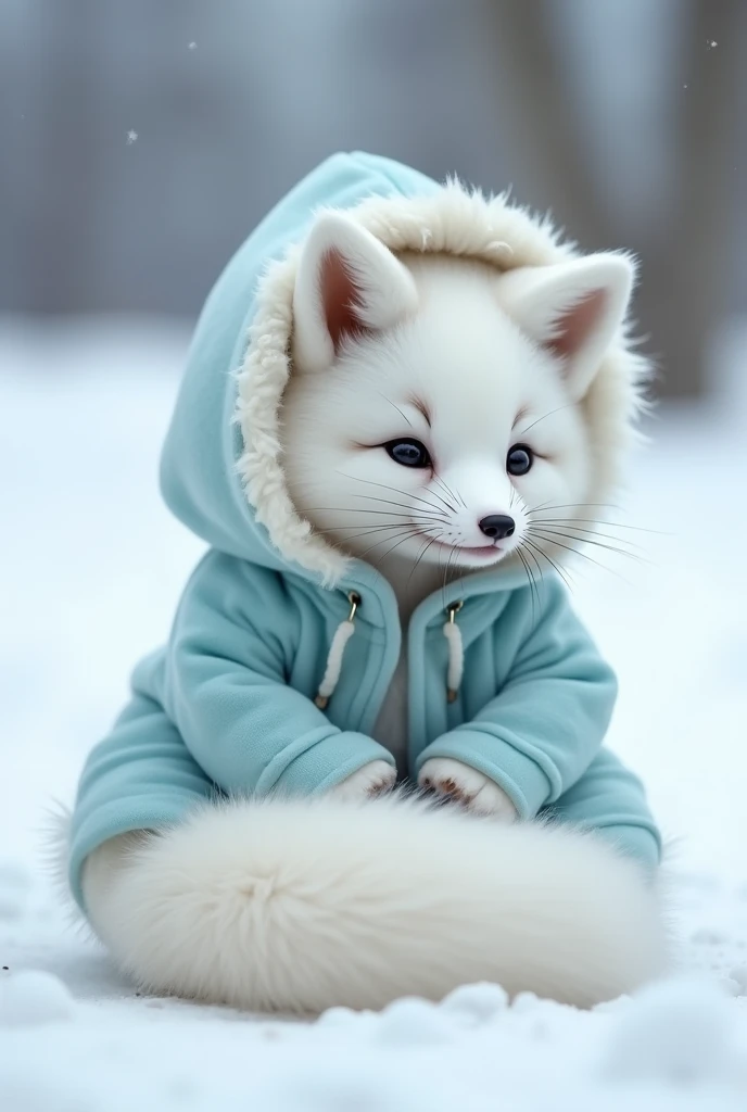 beautiful arctic fox with pure white fur, wearing a cozy pastel-blue hoodie with a fluffy white trim. The fox is curled up in a snowy landscape, with its tail wrapped around itself, looking snug and warm.

