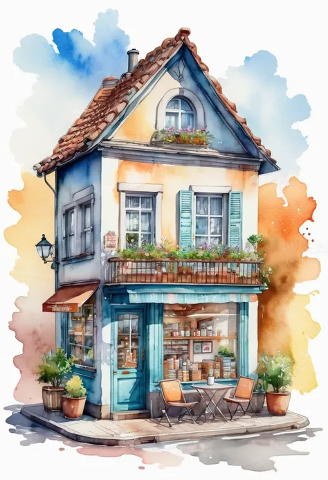 funny cute ,  sweet little house with coffee shop,  watercolor ink and remover ,  front view, ( top quality,  clothing is the perfect masterpiece ,  Representative artwork,  official art ,  professional,  high detail,  Very complex detailed:1.3)