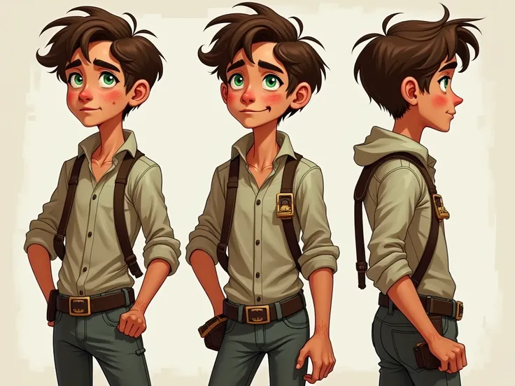 Elio is a young man in his twenties, with tousled brown hair and green eyes sparkling with curiosity. He has a slender, athletic build, the result of his many adventures and his handiwork as an inventor. His face is often marked by traces of soot and greas...