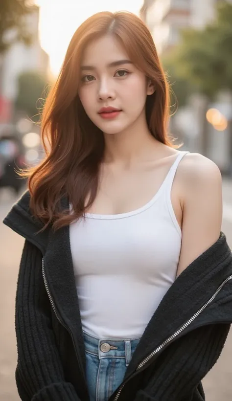 A young asian woman with long, flowing auburn hair, styled in a slightly wavy manner. She is wearing subtle makeup, with a focus on her eyes and lips, which are accentuated with eyeliner and a soft red lipstick. Her expression is calm and composed. She is ...