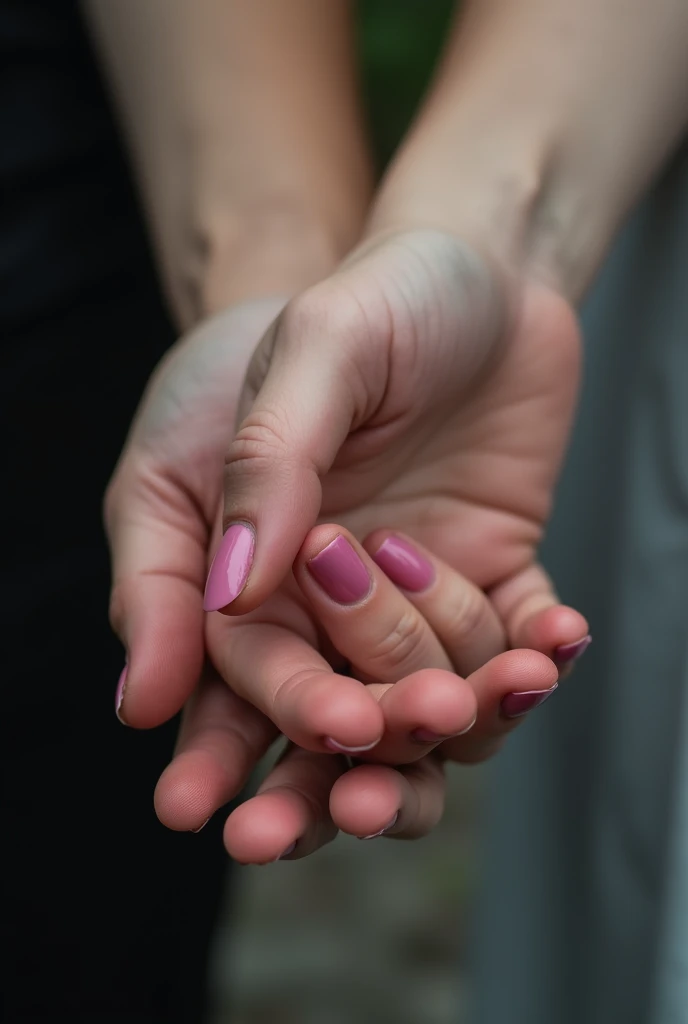 someone holding a persons hand with a pink nail polish, a picture by Max Dauthendey, pexels, romanticism, holding hand, holding each other hands, holding hands, hands retouched, hand photography, across holding a hand, emotional picture, reaching out to ea...