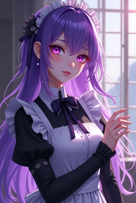 female, Maid,  purple hair,  purple and black star-like eyes,  polite posture , human being, 