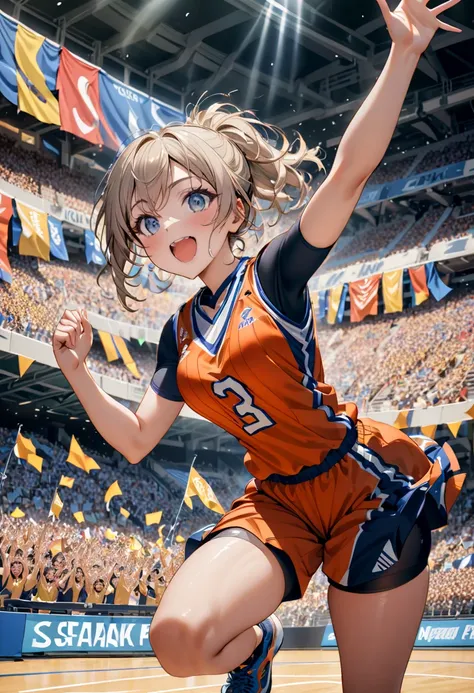 A captivating photo of a female basketball player at the peak of her jump, her arm extended toward the hoop with a focused expression. Her teammates cheer her on from the sidelines, while opponents watch with bated breath. The stadium is filled with a sea ...