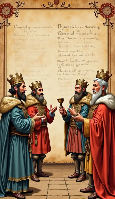 An aged parchment featuring whimsical caricatures of Byzantine and Frankish nobles in a lively debate. The Byzantine nobles, dressed in flowing robes and adorned with intricate crowns, appear animated, gesturing with exaggerated hand movements. Opposite th...