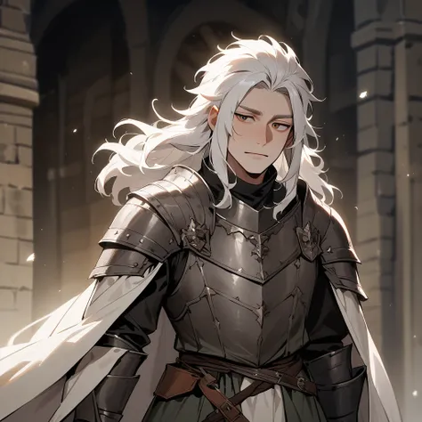 White haired man, medium size hair , pelo despeinado, medieval armor color black, beautiful 