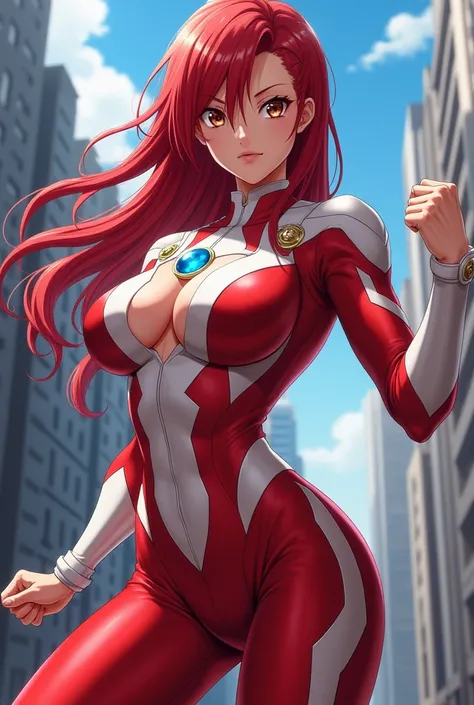 My Hero Academia Style , Anime girl, female, young female ,Full Body Shot,(fighting Pose:1.3),Long hair, Red Hair,  Brown Eyes,Hero Suit, Full Body Suit, red suit with white details,small round blue jewel in the center of the chest, perfect anatomy,  Tough...