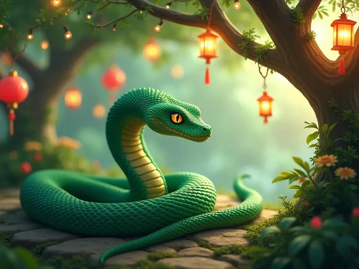 Green snake with yellow eyes,  The background depicts a bright city tree ,  decorated with lights and toys , Chinese lanterns are also hanging 