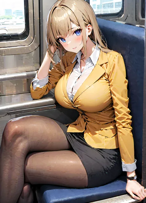 score_9, score_8_up, score_7_up, source_anime, 1girl, solo, looking at viewer, Chifusa, huge breasts, office lady, collared shirt, black skirt, pencil skirt, train, train interior, sitting, from side, crossed legs, hand on own knee, reclining, black pantyh...