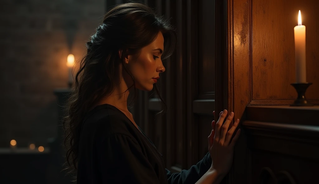 Framing:
The woman is standing in front of a confessional booth, her hand gently touching the edge of the wooden door. Her gaze is directed downward, her expression introspective and contemplative.

Lighting:
Soft candlelight from nearby altars bathes her ...