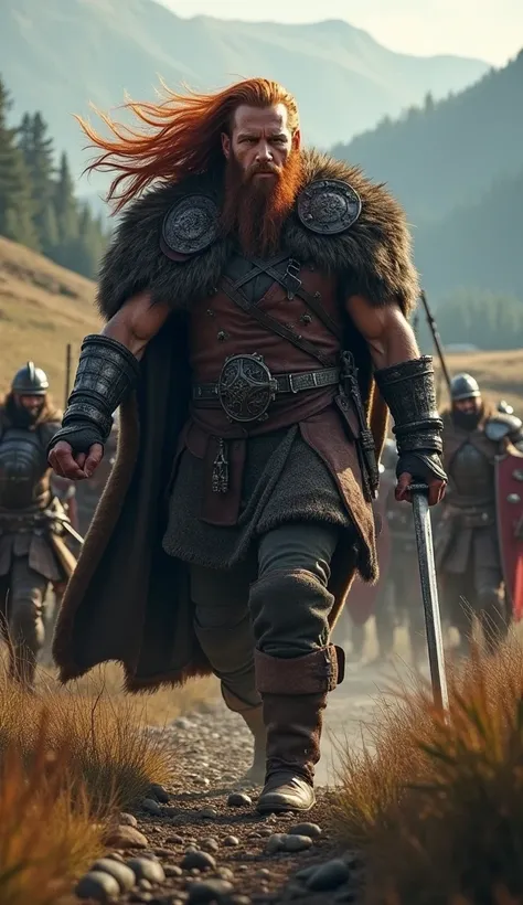 VIKING WITH HAIR AND BLACK BEARD LEADING FRENCH WARRIORS