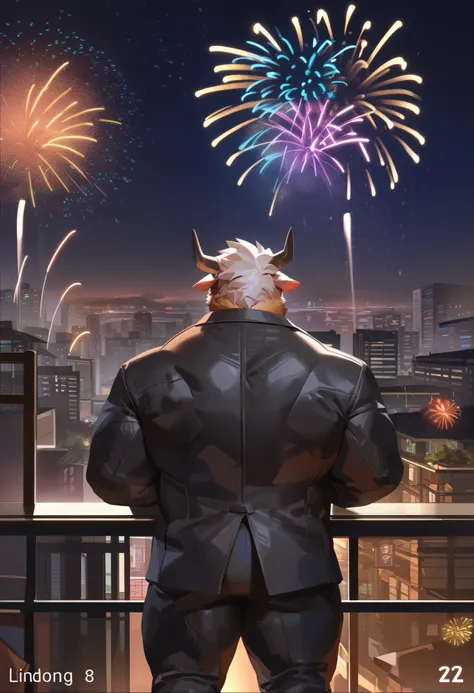 lindong, score_9, score_8, solo, 1boy, Muscular Old man, furry bull, wearing suits, luxury, office, ((night, outdoor, view, back view, hanabi, new year, firework)), wide shoulder, pectoral, thick arms, huge pectoral, wide pectoral, city background, short h...