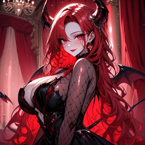 Alone, woman, only pose,   jewelry,  close,  very attractive ,  impeccable porcelain-like skin ,  long shiny wavy red hair,  red eyes, huge breasts,  fascinating smile, Luxurious,  elegant gala dress , Ballroom,  velvet curtains ,  succubus , horn,  demon ...