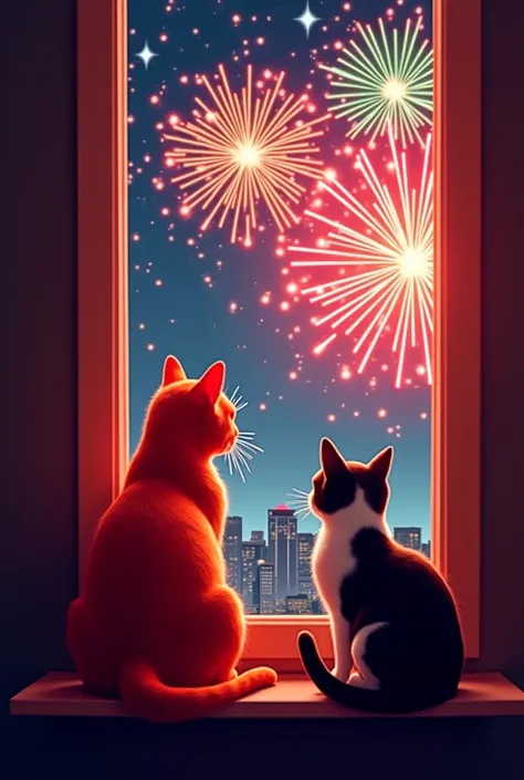 Create a picture with a red cat ,  sitting at the window and looking at fireworks through the window .  A black and white cat should sit next to the red cat.  The fireworks should explode over a city and illuminate it partly brightly.  The fireworks should...