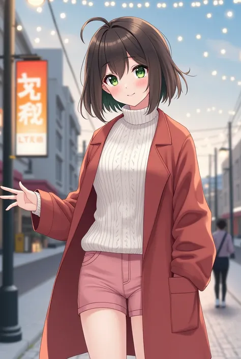 Style、woman、Age: 20、Im not young、 hair length to shoulder 、Her hair is short、The color of the hair is dark brown 、Hair highlights are green 、 the length of the bangs is enough to fit the eye 、My hair is soft and spread 、Droopy eyes、Eye color is green、gentl...