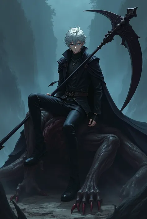 18 year old male anime character with ash colored hair and crystal blue eyes, wearing black clothes, holding a huge black scythe, sitting ontop of a huge dead demon