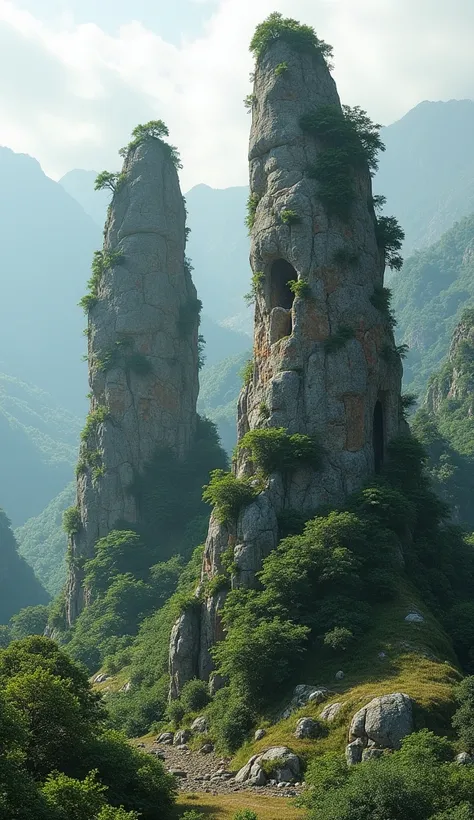 In the background of the image 2 rocks ,  one is in ruins written 2024 ,  and the other well polished and sculpted rock written 2025. The rocks are high in the mountains ,  covered with natures foliage and vegetation