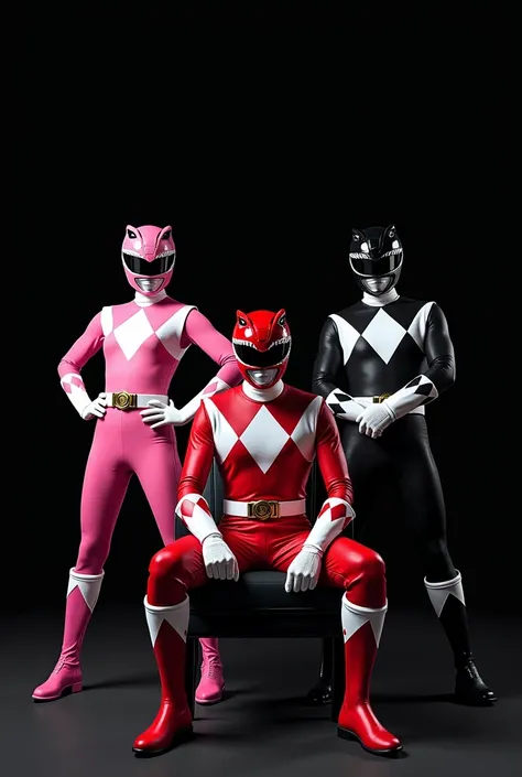 Tampak depan, Epic photography style , Power Ranger Pink standing Spoiled pose , in the company of a dashing black Power ranger standing gallantly , In front of his Red Power ranger Sitting in a charismatic and authoritative style,All three posed together ...