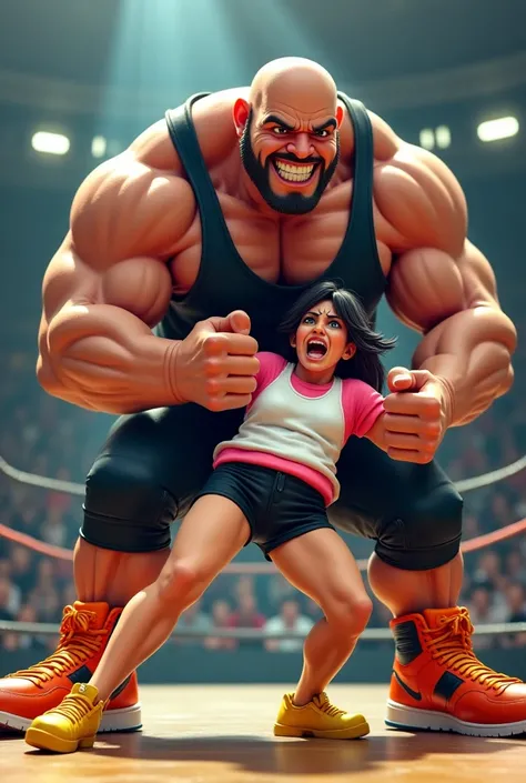 giant man,  tournament smiling in a black wrestling vest and orange sneakers fighting a terrified woman in a white vest, pink t-shirt, black shorts and yellow sneakers in a muscular and bald .