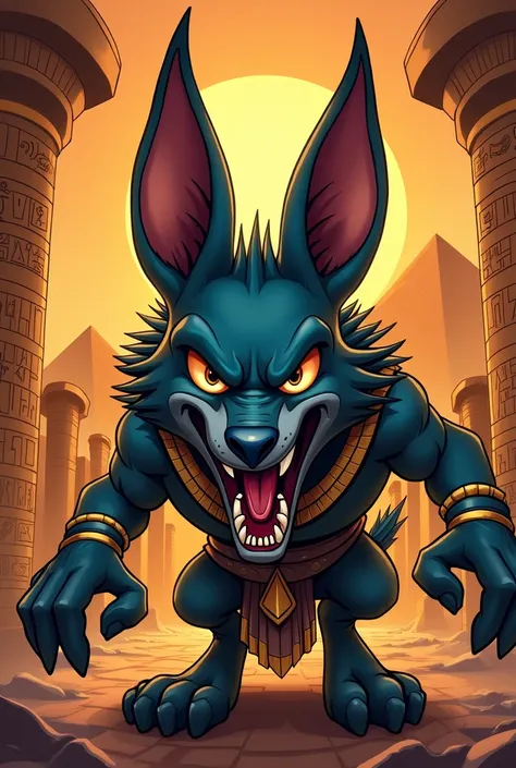 Angry Anubis in a cartoon with hieroglyphics and pyramids 