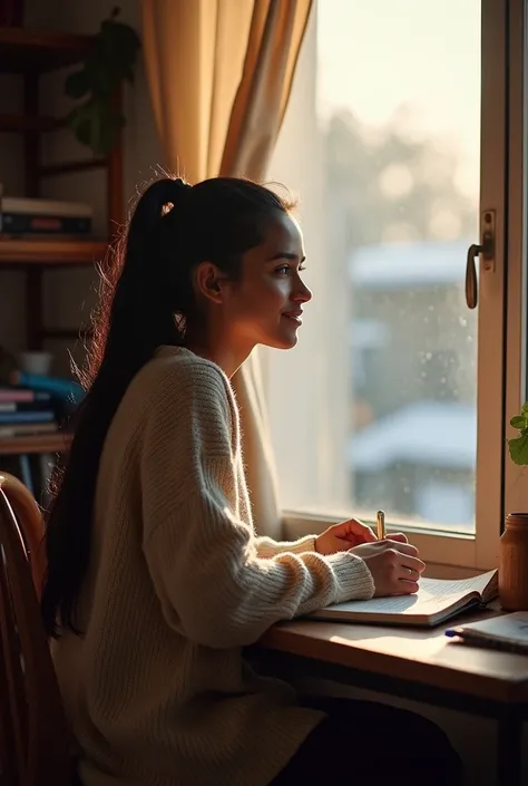 A Very Clear Ultra HD dynamic image off A young Indian woman named Riya, with long black hair tied in a ponytail, sitting by her window on a cold winter morning. She is wearing a simple sweater and holding a notebook. The sunlight gently falls on her face,...