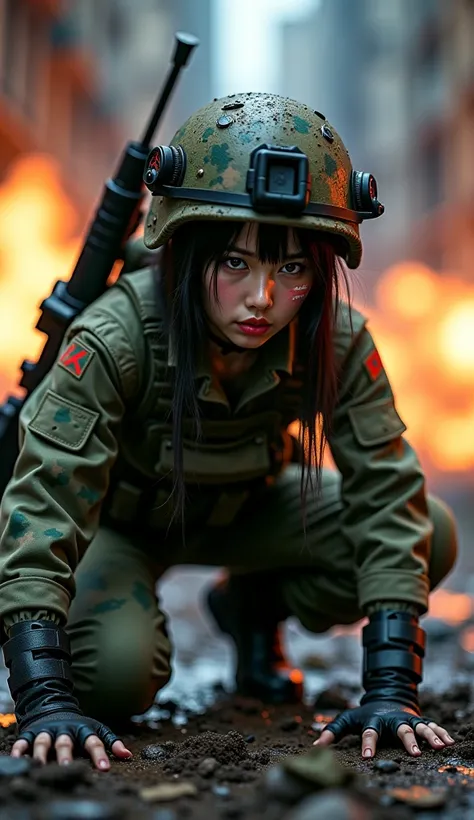 Photo-realistic, ultra-realistic, (very beautiful Japanese, famous Japanese idol:1.3), (Fully equipped for battle:1.5), large assault rifle on her back, (amazing view of multiple explosions:1), (painful impressions, crying:1.3), (wearing an army soldiers C...