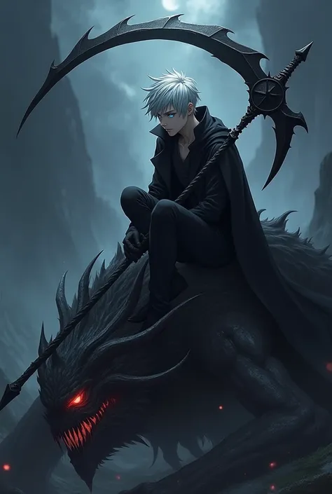 18 year old male anime character with ash colored hair and crystal blue eyes, wearing black clothes, holding a huge black scythe, sitting ontop of a huge dead demon