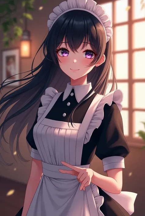 female, Maid,  black hair , Eyes like purple and black stars,  polite posture , human being,  Realistic ,  smiley face