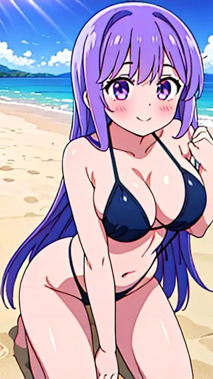 A girl, alone, light purple hair, long hair, sonrisa, slingshot swimsuit, beach, 