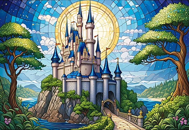  Storybook illustrations inspired by。Stained Glass Picture of a Castle in the Forest , Tomek Setowski jigsaw puzzle ,  shutterstock, Process Art, Magic Castle,  Vector art by  , Disney Art , Disney Art ist,  Disney World Blue Beach, Fantasy Castle, Disneyl...