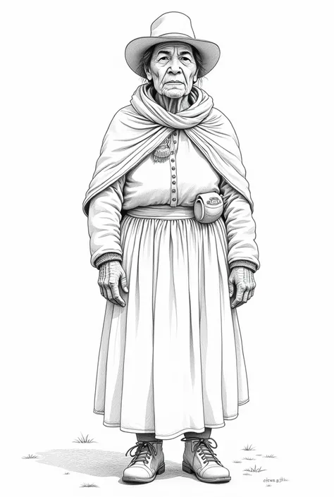  a drawing of an elderly Aymara chola, de cuerpo entero,  image with only lines, image with few details . 