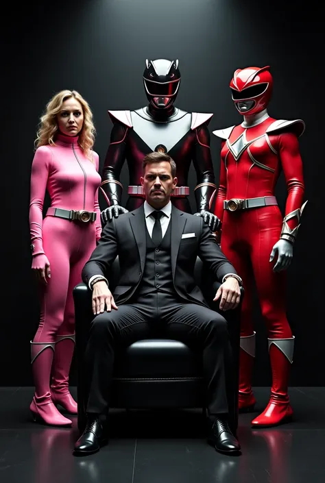 Tampak depan, Epic photography style ,Power ranger with modern armor, Futuristic and sophisticated , Power Ranger Pink standing Spoiled pose , in the company of a dashing black Power ranger standing gallantly , In front of his Red Power ranger Sitting in a...