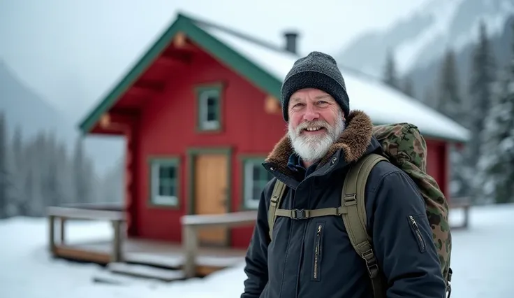 The image depicts a man standing in front of a red cabin situated in a snowy mountain range. He is dressed in a camouflage jacket and carries a large backpack on his back. Smiling warmly, he looks directly at the camera. The background, though blurred, rev...