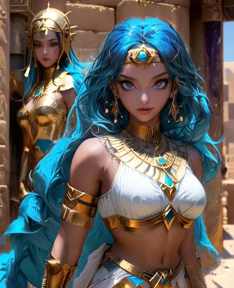 Egyptian multiracial girls pyramids of Egypt gigantic moon gigantic bodies Athletic big breasts big buttocks long hair violet blue eyes Egyptian clothes pyramids of Egypt 