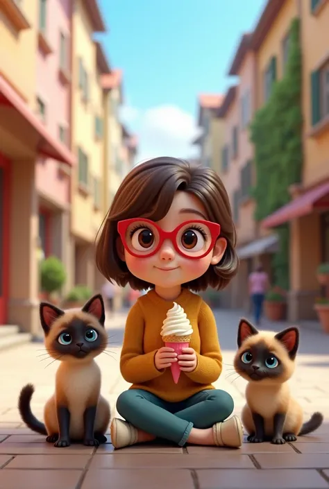  White medium brown hair red glasses sitting in a square eating ice cream with Siamese kittens Pixar Disney 3D 