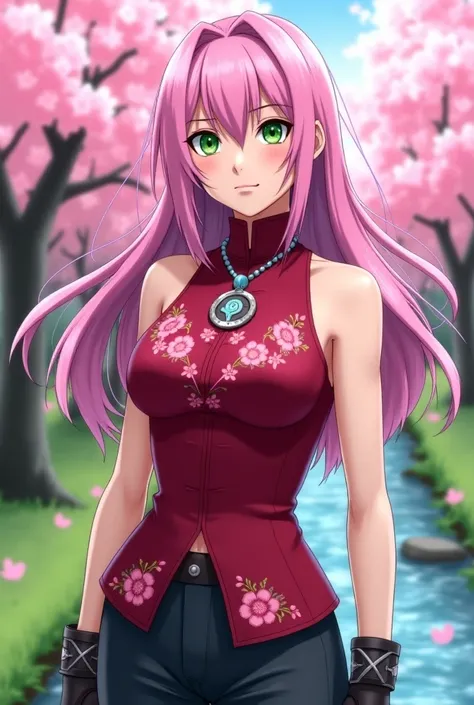 Create an enhanced version of Sakura Haruno from Naruto, with vibrant, long pink hair that flows in soft waves, with hints of pale lavender highlights. Her green eyes glow with determination and strength, complemented by a gentle yet confident expression. ...