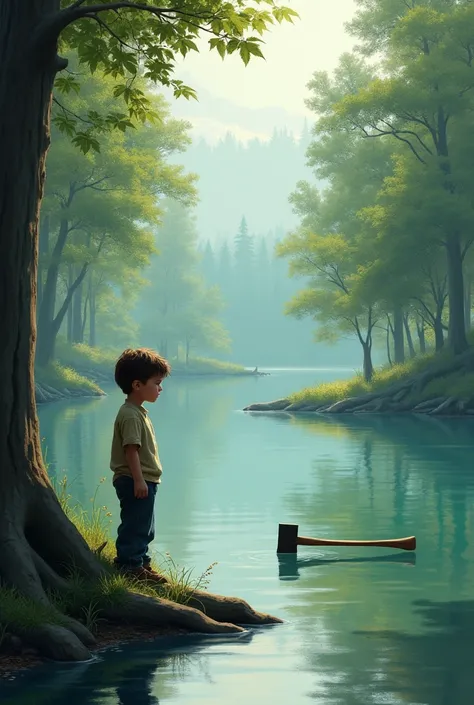 
The neighbors son pretending to cry by the lake after throwing his axe into the water.







