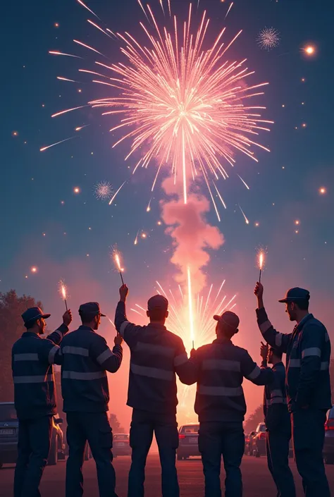 Junited Autoglas employees shoot New Years Eve rockets into the sky at the turn of the year