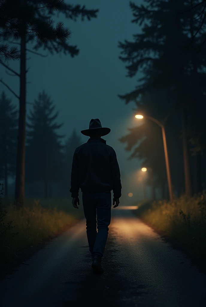 Man in a hat walking on the road at night 