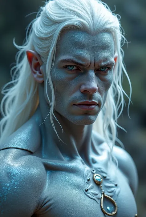 ,  a warrior man with equally silver and shimmering skin,  snow-white hair and crystal clear eyes ,handsome man, Beautiful and masculine features. 