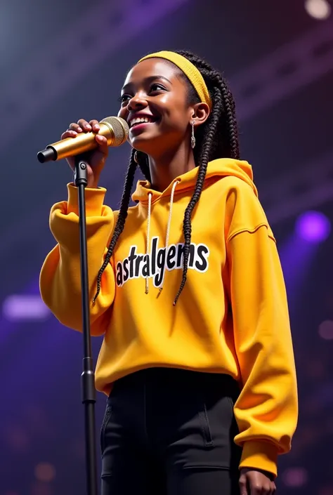 an image of a 25years old Nigeria girl with small lips. and black eyes with long braided hair wearing head warmer. she is wearing black Bob short trouser and crop gold hoodie. am holding a gold mic standing on a stage and singing with a smile.
withastralge...